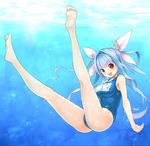  :d barefoot blue_hair bow breasts bubble feet hair_bow highres i-19_(kantai_collection) kantai_collection large_breasts legs long_hair name_tag okitsugu one-piece_swimsuit open_mouth red_eyes school_swimsuit smile soles solo swimsuit underwater 