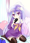  expressionless feijitian handheld_game_console highres long_hair no_game_no_life off_shoulder pillow purple_eyes school_uniform seiza serafuku shiro_(no_game_no_life) sitting solo thighhighs video_game zettai_ryouiki 