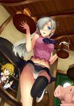  1girl absurdres animal blonde_hair blue_eyes ccjn elizabeth_liones food hawk_(nanatsu_no_taizai) highres long_hair meliodas midriff nanatsu_no_taizai navel panties pig shirt short_hair skirt thumbs_up underwear 