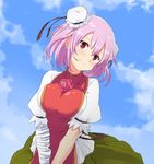  bandaged_arm bandages blush breast_squeeze breasts bun_cover come_hither flower ibaraki_kasen large_breasts looking_at_viewer noa_(nagareboshi) pink_hair red_eyes rose shirt short_hair skirt slit_pupils smile solo tabard touhou v_arms 