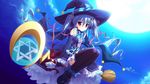  1girl blue_hair dress game_cg hat highres long_hair luluna magical_marriage_lunatics!! moon moonstone night purple_eyes ribbon ribbons staff thighhighs twintails witch witch_hat yamakaze_ran 