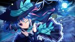  1girl blue_hair cloud elbow_gloves game_cg gloves hair_ornament hat long_hair luluna magical_marriage_lunatics!! moon moonstone night ornament purple_eyes thighhighs twintails wince witch_hat yamakaze_ran 