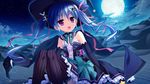  1girl blue_hair elbow_gloves game_cg gloves hair_ornament hat long_hair luluna magical_marriage_lunatics!! moon moonstone night open_mouth ornament purple_eyes thighhighs twintails witch_hat yamakaze_ran 