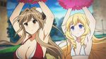  2girls ahoge amagi_brilliant_park amber_eyes animated animated_gif antenna_hair armpits bikini blonde_hair blue_eyes blush bounce bouncing_breasts breasts brown_hair cleavage dancing drill_hair flat_chest hair_ribbon large_breasts latifa_fleuranza long_hair multiple_girls pom_poms ponytail recording ribbon sento_isuzu swimsuit yellow_eyes 