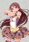  aikatsu! aikatsu!_(series) arm_strap armpits bare_shoulders brown_hair brown_legwear buttons checkered checkered_skirt clearite contrapposto frilled_skirt frills gloves grey_background head_tilt idol long_hair looking_at_viewer midriff navel open_mouth purple_eyes red_skirt shibuki_ran sidelocks simple_background skirt standing thighhighs triangle_mouth zettai_ryouiki 