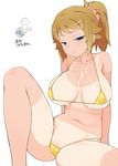  bakutendou bikini blue_eyes blush breasts brown_hair cleavage covered_nipples gundam gundam_build_fighters gundam_build_fighters_try hoshino_fumina large_breasts looking_at_viewer micro_bikini navel seductive_smile short_hair shorts_tan sitting smile solo suggestive_fluid swimsuit tan tanline 