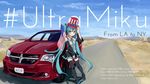  39 american_flag aqua_eyes aqua_hair boots car detached_sleeves dodge ground_vehicle hat hatsune_miku highres long_hair motor_vehicle necktie skirt solo thigh_boots thighhighs top_hat twintails very_long_hair vocaloid yuunagi_show 