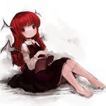  bad_id bad_pixiv_id barefoot book brown_dress demon_girl demon_wings dress head_wings juliet_sleeves koakuma long_hair long_sleeves looking_at_viewer maccha_cocoa_(mococo) open_book open_mouth panties panty_pull puffy_sleeves red_eyes red_hair shirt sitting smile solo touhou traditional_media underwear very_long_hair wings 
