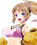  blue_eyes blush breasts brown_hair covered_nipples gundam gundam_build_fighters gundam_build_fighters_try highres hoshino_fumina jacket large_breasts looking_at_viewer open_clothes open_jacket open_mouth ponytail short_hair smile solo sports_bra sweat takara_akihito 