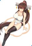  alternate_costume asymmetrical_legwear black_legwear breasts brown_hair cherry_blossoms chiyo_goya cleavage collarbone commentary flower full_body hair_flower hair_ornament headgear highres kantai_collection kneehighs large_breasts legs long_hair long_legs looking_at_viewer one-piece_swimsuit ponytail simple_background single_kneehigh single_thighhigh sitting smile solo swimsuit thighhighs thighs very_long_hair white_background white_swimsuit yamato_(kantai_collection) 