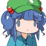  ai_mai_mii blue_eyes blue_hair blue_shirt face_of_the_people_who_sank_all_their_money_into_the_fx flanvia hair_bobbles hair_ornament hat kawashiro_nitori key long_sleeves open_mouth parody shirt short_hair simple_background solo style_parody touhou two_side_up upper_body white_background 