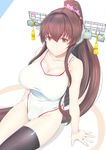  breasts brown_eyes brown_hair chiyo_goya flower hair_flower hair_ornament headgear highres kantai_collection large_breasts long_hair one-piece_swimsuit smile solo swimsuit yamato_(kantai_collection) 