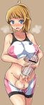  artificial_vagina bad_id bad_pixiv_id bar_censor bike_shorts blue_background blush breasts brown_hair censored covered_nipples cum drooling ejaculation erection foreskin futanari gundam gundam_build_fighters gundam_build_fighters_try hoshino_fumina large_breasts large_penis open_mouth penis ponytail precum saliva short_hair solo sports_bra sweat testicles ubanis 