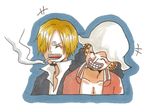  2boys black_hair blonde_hair chef earphones eyes_closed hair_over_one_eye hat marksman multiple_boys nanako_(skr7k) one_piece sanji smile smoking usopp 