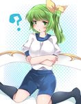 :o ? bad_anatomy bad_id bad_leg bad_pixiv_id black_legwear blush bow breast_hold breasts crossed_arms daiyousei fairy_wings green_eyes green_hair gym_uniform hair_bow halftone halftone_background hammer_(sunset_beach) kneehighs large_breasts looking_at_viewer short_hair shorts side_ponytail sitting solo touhou wariza wings 