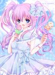  blue_eyes bow double_scoop food hair_bow hair_ribbon highres holding ice_cream ice_cream_cone koyoi_(ruka) long_hair looking_at_viewer open_mouth original purple_hair ribbon solo triple_scoop twintails zanshomimai 