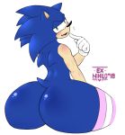  &lt;3 anthro big_butt blue_fur blush butt clothing digital_media_(artwork) eulipotyphlan exnihilo18 flirting fur gloves green_eyes hedgehog legwear looking_at_viewer male mammal open_mouth simple_background smile solo sonic_(series) sonic_the_hedgehog thick_thighs white_background 