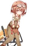  armlet bare_shoulders beize_(garbage) brown_eyes brown_hair gloves goggles goggles_on_head highres looking_at_viewer ole_tower overalls rammer_(ole_tower) short_hair short_twintails simple_background smile solo twintails 
