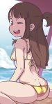  10s 1girl ass barefoot bikini breasts brown_hair butt_crack dimples_of_venus kagari_atsuko little_witch_academia long_hair one_eye_closed orange_peel_(artist) purple_eyes sideboob sitting small_breasts solo swimsuit wariza wink yellow_bikini 