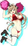  amagi_brilliant_park antenna_hair armpits bare_shoulders bikini boots breasts brown_eyes brown_hair cleavage embarrassed groin highres large_breasts long_hair looking_at_viewer midriff navel open_mouth outline pom_poms ponytail sento_isuzu solo swimsuit thighhighs white_legwear yoshiki360 