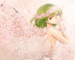  backless_outfit bare_back bare_shoulders cherry_blossoms dress flower_bracelet flower_wings green_hair head_wreath kazami_yuuka looking_at_viewer petals plant_wings red_eyes shironeko_yuuki short_hair solo strapless strapless_dress touhou wings 