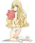  amagi_brilliant_park ass bad_id bad_twitter_id bikini blonde_hair blue_eyes blush covering covering_breasts flat_ass flat_chest from_behind high_heels inactive_account kneeling latifa_fleuranza long_hair looking_back ooyari_ashito pom_poms side-tie_bikini signature simple_background smile solo string_bikini swimsuit white_background white_bikini 