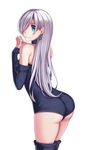  absurdres aqua_eyes ass bare_shoulders earrings elizabeth_liones hair_over_one_eye highres jewelry leotard long_hair looking_back nanatsu_no_taizai nian silver_hair smile solo steepled_fingers thighhighs very_long_hair white_background 