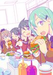  :d ;d ^_^ aqua_eyes ascot black_eyes black_hair brown_hair closed_eyes eating food french_fries green_hair hair_ornament hairclip hamburger head_rest highres kantai_collection kumano_(kantai_collection) long_hair long_sleeves looking_at_viewer mikuma_(kantai_collection) mogami_(kantai_collection) multiple_girls neckerchief one_eye_closed open_mouth ponytail sailor_collar school_uniform serafuku short_hair smile suzuya_(kantai_collection) takitarou twintails 