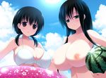  2girls bikini black_hair blush breasts brown_eyes cloud collarbone food front-tie_top fruit green_eyes holding huge_breasts hyuuga_takashi innertube iwato_kasumi jindai_komaki large_breasts long_hair looking_at_viewer low_twintails multiple_girls nipples nude_filter photoshop saki short_hair sky smile string_bikini swimsuit topless twintails watermelon white_bikini white_swimsuit 