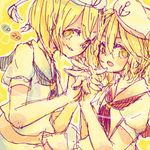  blonde_hair dual_persona hat holding_hands kitashirakawa_chiyuri multiple_girls open_mouth ribbon sailor_hat school_uniform serafuku short_hair skirt smile suiyou_taruta touhou touhou_(pc-98) yellow_background yellow_eyes 