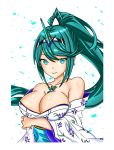  1girl aqua_earrings aqua_eyes aqua_hair arm_under_breasts bare_shoulders breasts cleavage collarbone diamond_earrings earrings eyebrows_visible_through_hair fenrirvancross floral_print hair_ornament headband highres homuri_(xenoblade_2) japanese_clothes jewelry kimono large_breasts long_ponytail looking_at_viewer new_year nintendo pneuma_(xenoblade_2) purple_kimono smile solo white_background white_kimono xenoblade_(series) xenoblade_2 
