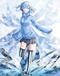  abstract_background blue_eyes blue_hair ene_(kagerou_project) facial_mark highres kagerou_project neekochanii shiny shiny_skin skirt sleeves_past_fingers sleeves_past_wrists solo thighhighs 