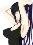  1girl arms_up black_hair breasts highres kawakami_momoyo large_breasts long_hair maji_de_watashi_ni_koi_shinasai! red_eyes solo standing top white_background 