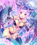  breasts cleavage demon_horns demon_tail demon_wings hair_ornament horns large_breasts long_hair looking_at_viewer navel neme parted_lips purple purple_eyes purple_hair purple_legwear shingoku_no_valhalla_gate solo tail thighhighs wings zettai_ryouiki 