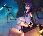  ass bad_id bad_pixiv_id bare_shoulders chair dutch_angle elbow_gloves fujisaki_mako gloves gokukoku_no_brynhildr hole_in_wall kuroha_neko lantern long_hair looking_at_viewer lying lying_on_lap multiple_girls nine_wangwang panties pantyshot pantyshot_(lying) purple_eyes purple_hair sailor_collar shooting_star siblings silver_hair sisters sitting sky sleeveless star_(sky) starry_sky telescope thighhighs underwear very_long_hair wariza wet wet_clothes yellow_eyes 