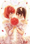  bare_shoulders black_hair blush bouquet bow clouble dated dress elbow_gloves flower fur_trim gloves hair_bow looking_at_another love_live! love_live!_school_idol_project multiple_girls nishikino_maki petals purple_eyes red_eyes red_hair short_hair signature smile twintails wedding_dress white_gloves wife_and_wife yazawa_nico yuri 