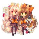  animal_ears blonde_hair brown_hair chibi elbow_gloves fox_ears fox_tail gloves green_eyes highres long_hair monaka_natsume multiple_girls original red_eyes school_uniform serafuku tail thighhighs 