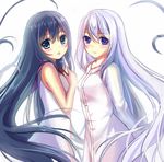  aqua_eyes bad_id bad_pixiv_id blue_eyes blue_hair fujisaki_mako gokukoku_no_brynhildr kuroha_neko long_hair multiple_girls nine_wangwang siblings silver_hair simple_background sisters very_long_hair white_background younger 