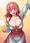  alcohol beer beer_mug blush breasts cleavage cup dirndl german_clothes headphones holding holding_cup large_breasts long_hair looking_at_viewer nitroplus oktoberfest open_mouth pink_eyes pink_hair smile solo super_sonico tsuda_nanafushi 
