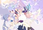 blue_eyes blue_hair boots dual_persona floating_hair hair_ornament hairclip hassan_(sink916) hatsune_miku kneehighs long_hair microphone multiple_girls nail_polish open_mouth paper skirt thigh_boots thighhighs twintails very_long_hair vocaloid wrist_cuffs 