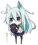  animal_ears black_legwear blue_eyes blue_hair cat_ears chibi hat hat_removed headwear_removed hibiki_(kantai_collection) holding kantai_collection kemonomimi_mode long_hair looking_at_viewer pantyhose pleated_skirt rubii school_uniform serafuku skirt solo translation_request 