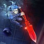  blue_hair community666 fate/stay_night fate_(series) gae_bolg lancer long_hair male_focus polearm ponytail red_eyes solo spear weapon 