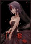  1girl bare_shoulders black_dress black_hair blurry breasts cleavage collarbone crinoline dress flower frame kill_la_kill matoi_ryuuko multicolored_hair petals red_flower red_hair red_rose reichiou ribbon rose rose_petals scissor_blade short_hair solo strapless strapless_dress streaked_hair veil watermark 