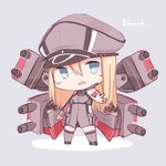  absurdres bad_id bad_pixiv_id bare_shoulders bismarck_(kantai_collection) blonde_hair blue_eyes blush character_name chibi detached_sleeves grey_legwear hat highres kantai_collection long_hair long_sleeves machinery military military_uniform no_nose peaked_cap seedflare silver_background simple_background solo thighhighs turret uniform 