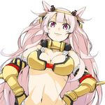  1girl :3 bare_shoulders breasts cleavage drag_shovel_(ole_tower) gauntlets hands_on_hips headgear large_breasts long_hair looking_at_viewer manabebebe mini_excavator_(ole_tower) navel no_bra ole_tower pink_eyes pink_hair simple_background smile solo very_long_hair white_background 
