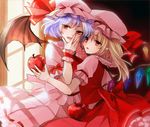  apple bat_wings blonde_hair bow dress fang flandre_scarlet food frilled_shirt_collar frills fruit hand_on_own_face hat hat_ribbon highres indoors mob_cap multiple_girls open_mouth pink_dress pointy_ears puffy_short_sleeves puffy_sleeves purple_hair q-chiang red_bow red_eyes red_ribbon remilia_scarlet ribbon short_hair short_sleeves touhou window wings wrist_cuffs 