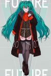  1girl aqua_hair bangs black_footwear english_text full_body hair_between_eyes hand_up hatsune_miku highres jacket jewelry kogecha_(coge_ch) long_hair long_jacket long_sleeves looking_at_viewer necklace open_mouth peace_symbol shoes smile solo standing thighhighs twintails very_long_hair vocaloid walking white_eyes 