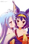  :o absurdres animal_ear_fluff animal_ears bare_shoulders blue_hair blush brown_eyes chestnut_mouth fox_ears fox_tail hand_on_another's_shoulder hatsuse_izuna headband highres japanese_clothes long_hair multicolored_hair multiple_girls no_game_no_life non-web_source off_shoulder ooya_kouji puckered_lips school_uniform serafuku shiro_(no_game_no_life) tail 