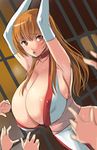  1girl areola_slip areolae armpits arms_up breasts brown_eyes brown_hair choker cleavage dead_or_alive heavy_breathing huge_breasts imminent_rape kasumi_(doa) kloah long_hair male_hands ninja open_mouth prisoner restrained sweat 