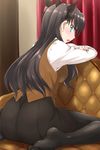 ass black_legwear blush breasts brown_hair crossed_arms fate/stay_night fate_(series) feet green_eyes long_hair long_sleeves looking_back medium_breasts mikagami_sou pantyhose shiny shiny_hair sitting skirt solo toosaka_rin two_side_up vest wariza 